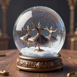 whirling dervishes inside a snow globe on a table, digital art, artstation, highly detailed