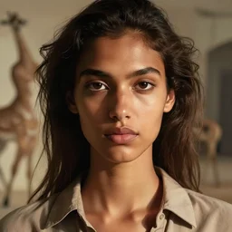 detailed portrait in femininity, realistic face sculpted features, ethnic, exotic, melanin, deep clear eyes, statuesque, gazelle, warm glowing skin, wild hair, collared shirt, chiaroscuro, tangible, angular impressionism, ambient morning light, arabesque backdrop, contemporary, modern fashion, natural colors