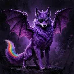 a purple wolfbat fursona with an eyepatch and a rainbow tail, drawn in a noir style, reminescent of max payne and ghost in the shell, style of purple rain album cover ( by prince ), dark colors