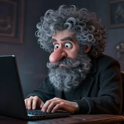 curled perspective digital art of curly grey hair bearded man with big nose using a computer by anton fadeev from nightmare before christmas
