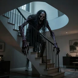 photograph of a scary monster with elongated arms descending a staircase in a modern home, scary lighting
