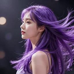 woman with flowing long purple realistic hair like from a shampoo commercial side profile with hair flip, tzuyu from twice, camera facing the left side, centered, in the style of wlop, artgerm, yasutomo oka, yuumei, rendered in redshift octane, digital art dynamic dramatic lighting, bokeh, imagine fx, artstation, cgsociety, zbrush central,