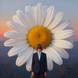 giant daisy flower head, frontal, a girl in suit, surreal photography, sunrise, dramatic light, impressionist painting, digital painting, artstation, simon stalenhag
