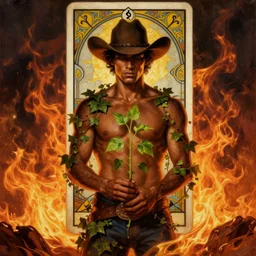 a beautiful dramatic epic ethereal symmetrical painting of a handsome shirtless cowboy holding a green plant in his hands | he is dark skinned and wearing a cowboy hat and is draped in ivy | background is an epic flames fire conflagration | tarot card, art deco, art nouveau | by Mark Maggiori | trending on artstation