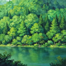 high detail sharp anime gouache background  , forest panorama with lake  bychun li