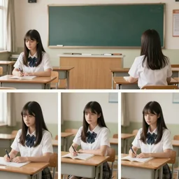 school girl sits in a cozy school classroom - dramatic cozy 3 panel scene by wlop and okuda genso. wide angle lens. featured on pixiv, anime aesthetic. pixiv, warm aesthetic, rays of light, volumetric light, artstation, vanitas, official art, gothic, noise film photo. octane render, redshift render, ue 4