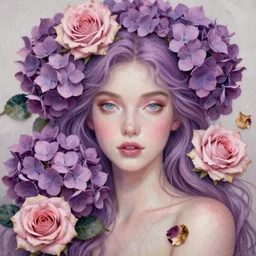 portrait of a lilac hair beautiful goddess of light through hydrangeas flowers, soft rose, and dried petals, painterly, methaphoric, intricate and elegant, highly detailed photorealistic painting, decorative lines, sharp focus, 8 k, by tomasz alen kopera, h 6 6 0