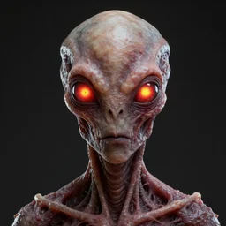 portrait of a space alien, varying detailed skin, meat monstrosity, eyes containing a piercing red and yellow light, realistic render, detailed, ugly, slimy unreal engine, symmetrical!!, photorealistic, greg rutkowski and ruan jia, octane render,