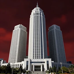 3 hells company a new era corporation bent on spreading hatred and dissent across the world, in style of yoji shinkawa, pan ren wei, imposing corporate white building with dark red sky