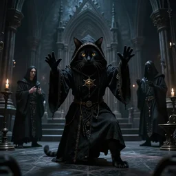 the cat dressed in ritual hoodie performing strange black magick ritual in a dark gothic temple of antichrist high quality hdr photo art by giger, beksinsky, wayne barlove, greg rutkovski
