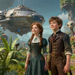 in a steampunk world, a girl and a boy standing next to some alien plants, looking happy, wearing victorian clothes, in front of their space ship, in a park on a alien planet, ultra realistic facial details, enhanced faces, ultra photorealistic raytracing, trending on artstation, 8k