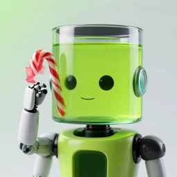 robot with a cylindrical lime green glass fish tank for a head holding a candy cane, closeup portrait