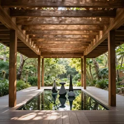 interior photo of wood pavillion, sunbeam filtered through the ceiling, surrounded by nature, a small water mirror reflect contemporary sculptures inside the pavillion