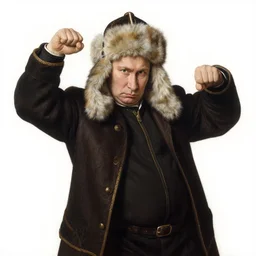 painting by Jan van Eyck of Vladmir Putin with a stern expression wearing a fuzzy hat dancing, highly detailed