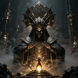 a dark sci fi matte painting portrait of a futuristic shadow priest wearing a massive ornate headdress made of realistic metal performing a death ritual, art deco metal shapes, cinematic lighting, rim light smooth, sci fi horror, unreal engine, octane render, by blizzard studios, diablo 4, golden rule, action shot, fog volumes, evil glow, cgsociety