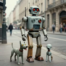 adventurer _ _ _ _ _ _ 1 9 5 0 s _ retro _ future _ robot _ android _ and his robot dog on the city street _ muted _ colors. _ _ _ _ _ _ by _ jean _ baptiste _ monge