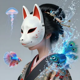 3 d goddess close up profile portrait with ox skull. beautiful intricately detailed japanese crow kitsune mask and clasical japanese kimono. betta fish, jellyfish peacock, bio luminescent, plasma, ice, water, wind, creature, artwork by tooth wu and wlop and beeple and greg rutkowski