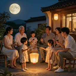 chinese mid autumn festival, kids with a lantern while their parents enjoy a glass of wine, by james gilleard, victo ngai, ruan jia, liuyuan lange, fenghua zhong, ren jing jeong, feifei ruan, sylvain sarrailh