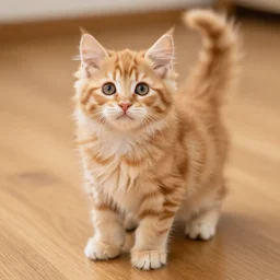cute fluffy orange tabby kitten, wood floor