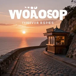 epic professional digital art of a lonely cobblestone street with a kiosk on a cliff over the sea at sunset, best on artstation, cgsociety, wlop, Behance, pixiv, astonishing, impressive, outstanding, epic, cinematic, stunning, marketing design, gorgeous, much detail, much wow, masterpiece.