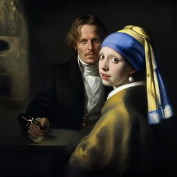 amber heard with johny depp painted by jan vermeer, aristocratic pose, high contrast