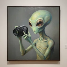 museum painting, alien holding camera by artgerm