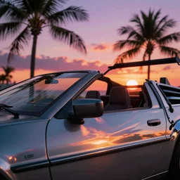 miami beach sunset vapor wave palm trees 80s synth retrowave delorean close up ultra detail contrast specular metal car door chrome