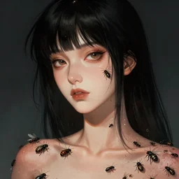 portrait of a woman with black hair and insects coming put of her skin, dramatic lighting, illustration by Greg rutkowski, yoji shinkawa, 4k, digital art, concept art, trending on artstation