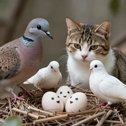 A dove and an exotic shorthair cat guarding their eggs in a nest, eggs with faces, white doves, nest is made of sticks,  national geographic, odd, depth of field, photorealistic