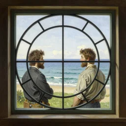 a mullioned window through which you can see the sea, highly detailed painting by gaston bussiere, craig mullins, j. c. leyendecker 8 k