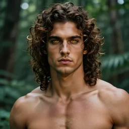 close up, portrait of a muscular man, chiseled features, beautiful flowing brown curly hair, mythological, god of nature, defined muscles, artsy photography, film photo, 4 k, model posing, deep tan skin, trending on artstation, fashion photography, yellow eyes, overgrown background, dryad, verdant forest, face