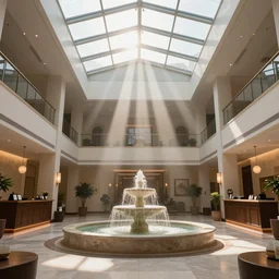 interior of a spa skylight with rays of sun shining through, large lobby with fountain in the middle, reception counter, lighting fixtures, romantic atmosphere, soft lighting, high detail, 8 k