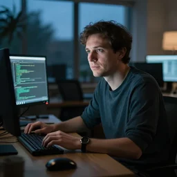 portrait of a computer programmer, in the evening, ambient light, sigma 8 5 mm, nikon 5 0 mm f / 1. 8 g, by lee jeffries