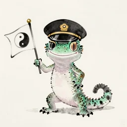 Portrait of a gecko wearing a train conductor's hat and holding a flag that has a yin-yang symbol on it. Chinese ink.