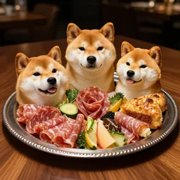 a charcuterie board made of doge face, shiba inu face, doge meme fur, cake of doge, baked body shiba inu dog, pieces of doge in the silver plate, wooden table, exquisite restaurant, five stars michellin, professional food shot, gourmet dish, with few veggies. low light, bokeh, masterpiece.