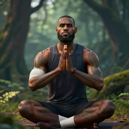 lebron james doing yoga in the forest, videogame still, portrait, 4 0 mm lens, shallow depth of field, close up, split lighting, cinematic
