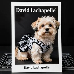 a cream - colored havanese dog in a black and white sequined dress posing for a picture, a poster by david lachapelle, instagram contest winner, private press, tarot card, blueprint, black background