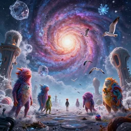 strange creatures wandering The Grove!!!!!, And the flung spray and the blown spume and the seagulls crying, jellymeat!, cinematic, hyper realism, high detail, octane render, unreal engine, 8k, vibrant color, from the spirals of galaxies to the hexagonal shapes of snow crystals!!!!, a desolate alien world full of rich colors!!!, unique architecture!!, by andrea chiampo and chet zar