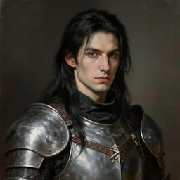 character design, portrait of a attractive male with pale skin, long black hair and proeminent cheekbones, medieval, armor, painting by wlop, nixeu and greg rutkowski, beautiful, semirealism, artstation, octane render, sharpness, 8 k, golden ratio