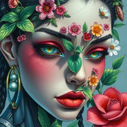 drawing of futuristic sci - fi antagonist face wearing earrings, photorealistic colors, face covered with plants and flowers, by moebius and satisho kon and dirk dzimirsky close - up portrait, hyperrealistic
