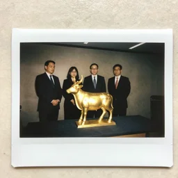 Polaroid Photo of business people worshipping a golden calf