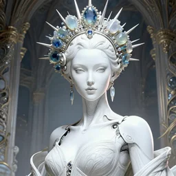 portrait of an absurdly beautiful, graceful, sophisticated, fashionable cyberpunk mechanoid, hyperdetailed illustration by irakli nadar and vania zouravliov, matt wisniewski style, intricate linework, white porcelain skin, faberge headdress, agate spikes, unreal engine 5 highly rendered, global illumination, radiant light, detailed and intricate environment