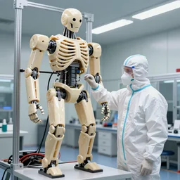 man wearing hazmat suit in cleanroom 3D printing a large humanoid robot plastic skeleton. by Roger Deakins