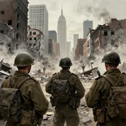 a depiction of american soldiers looking out over the ruins of new york after world war iii, greg rutkowski, michal karcz --height 1024