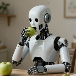 Gal Gabot with android body eating green apple