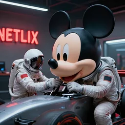 futuristic race car mechanics with astronaut helmets on their heads!! focused on fixing a huge mickey mouse doll head with blood splattered on cheek!! red netflix neon office sign in background, beeple!!, minimal, movie still in private car garage, dystopian