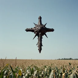 top secret footage of a cluster inter dimensional chitinous cruciform of unknown origin floating above a cornfield, grainy photograph, military documentation