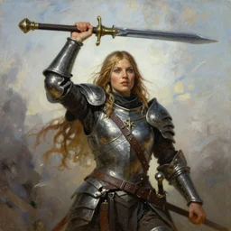 A full portrait oil painting of a berserker woman holding a claymore above her head by Frank Frazetta, Greg Rutkowski, Boris Vallejo, epic fantasy character art, elven armor, Exquisite detail, post-processing, low angle, masterpiece, cinematic
