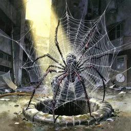 anime movie scene, mamoru oshii, otomo, ultra wide, vanishing point, caught in the web, wrapped up, horror, watercolor, spiderwebs, arachnophobia, dripping, sewer pipe entrance, sun beam, spider legs, dusty volumetric light, back lit, paper texture, spider nest, deserted shinjuku junk, brutalist, golden ratio
