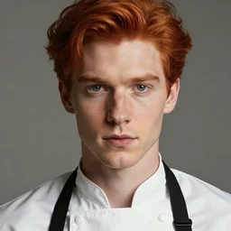 masterpiece closeup portrait of a young man with red hair in a chef's apron by Greg Rutkowski, 4k, masterpiece, cinematic, dungeons and dragons, detailed, symmetrical eyes